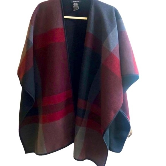 Jackets & Blazers - Plaid Wool Maroon Grey  Blanket Scarf Cape Wrap Jacket Onesize
